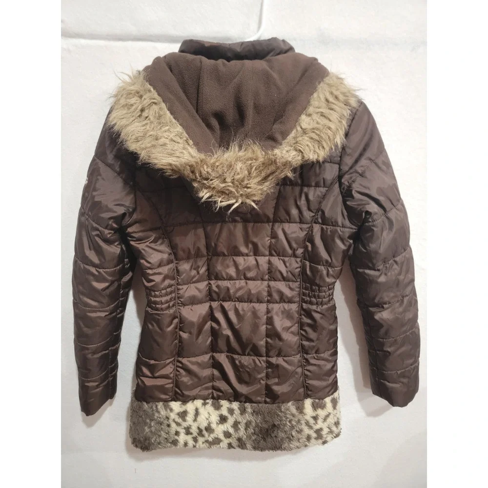 HAWKE & Co Girls Size 16 Brown Quilted Puffer Jacket Leopard Print Faux Fur Hood